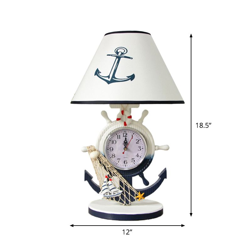 Illuminazione da tavolo con base del timone Lampada da comodino in resina stile bambini con lampadina singola sfumata blu con design a orologio