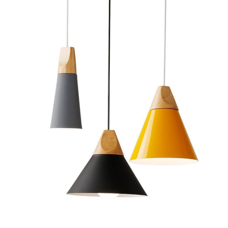 1 Light Metal Tapered Pendant Lamp Nordic Style Wooden Top Living Room Hanging Lamp