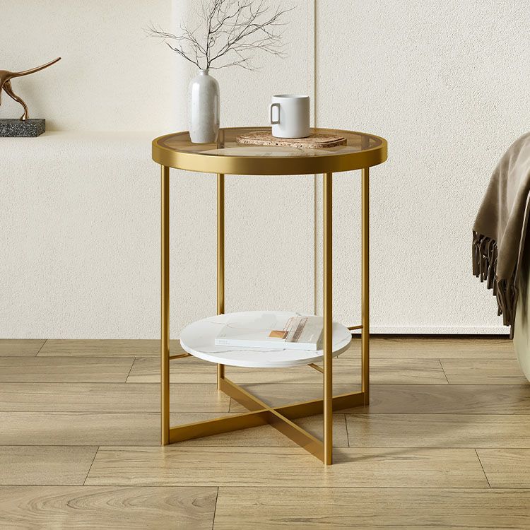 21.65" Tall Iron Cross Legs End Table Round Glass Top Side Table