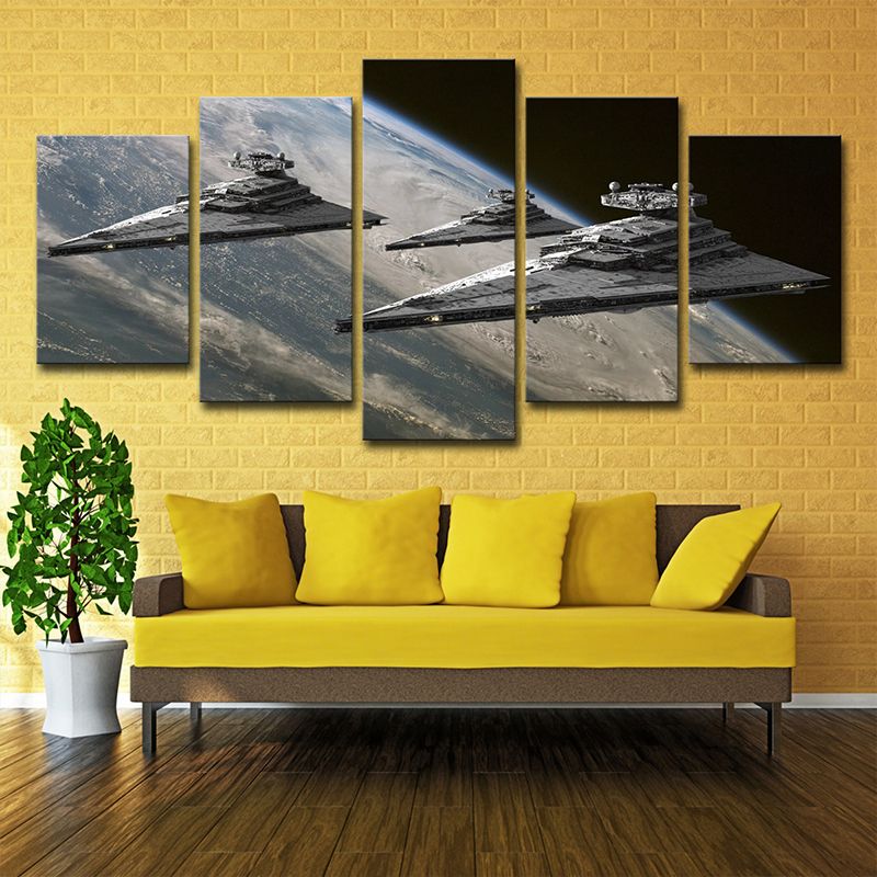 Space Fighter Jets Art Print Fictional Multi-Piece Boys Bedroom Wall Decor in Grey