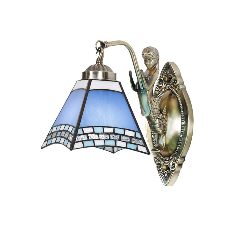 Trapezoid Wall Light Fixture Mission Blue Cut Glass 1-Light Bronze Wall Mount Lamp with Mermaid Arm