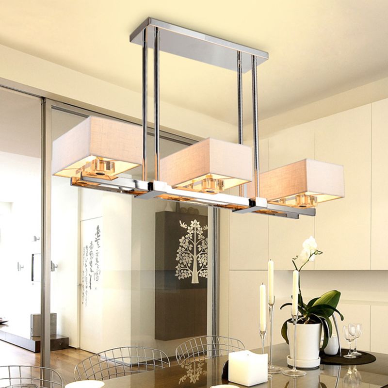 Fabric Chrome Hanging Pendant Light Rectangle 2/4/6 Bulbs Classic Island Lamp for Dining Room