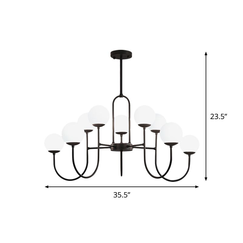 Arced Arm Iron Chandelier Light Fixture Modern 6/9-Head Black Finish Pendulum Lamp with Sphere Milk White Glass Shade