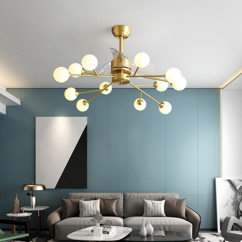 Baumzweig 3-Blade-Anhänger-Lüfterleuchten minimalistischer Ballglas Esszimmer Remote Semi-Flush-Licht in Messing, 36,5 "W.