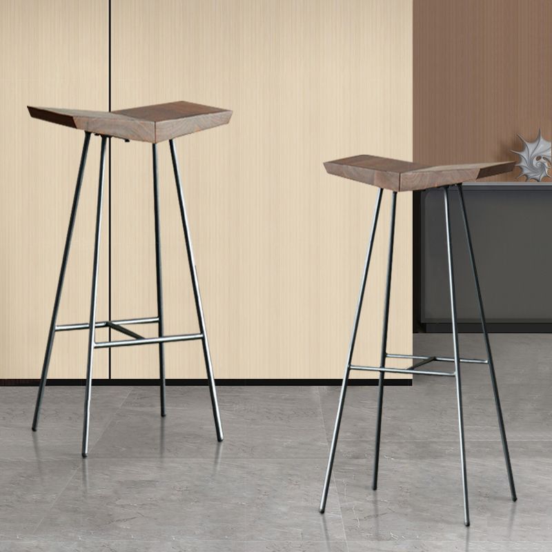 Brown Pine Wood Top Counter & Bar Stools Modern Indoor Backless Stools