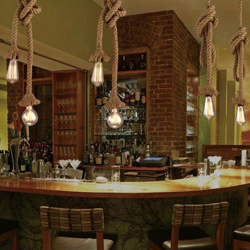 Single Light Hemp Rope Pendant Light Industrial Style Bare Bulb Coffee Shop Decorative Lighting Fixture