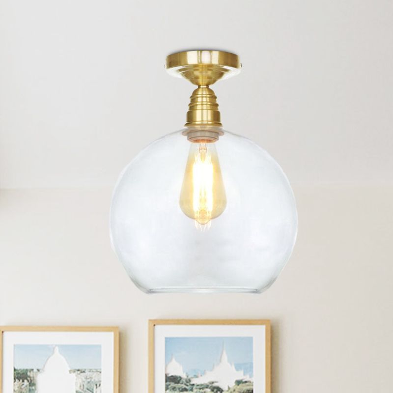 1 Light Spherical Semi Flush Light Brass Industrial Clear/Amber Glass Ceiling Mount, 8"/10"/12" Wide