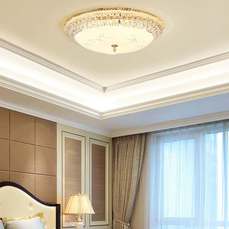 Modernist Bowl Flush Lighting White Glass en Clear Crystal LED Flush Hanger Light voor slaapkamer, 12 "/16" Dia