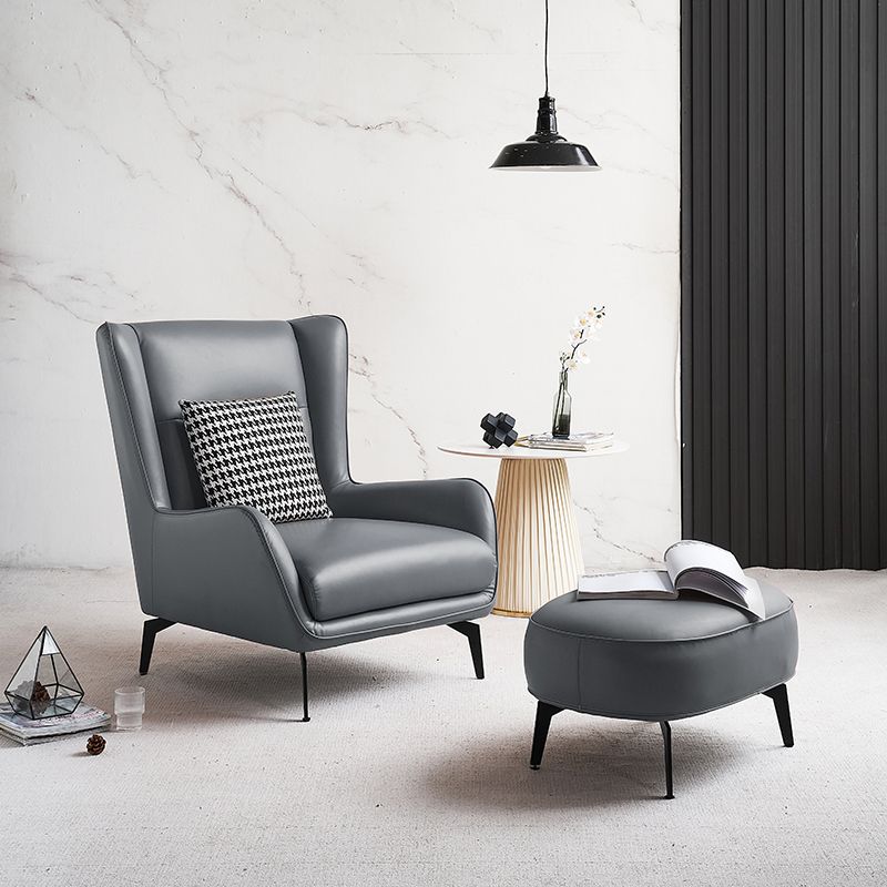 Genuine Leather Accent Chair 4 Legs Solid Color Room Chair for Living Room