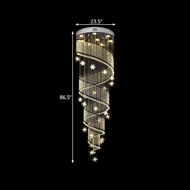 9 Heads LED Cluster Pendant Light Modernist Spiral Crystal Suspended Lighting Fixture in Silver