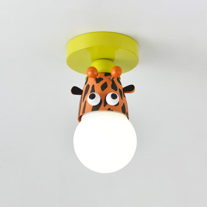 Single Bulb Bedroom Semi-Flush Mount Lighting Kids Yellow Ceiling Lamp with Giraffe / Monkey / Tiger Metal Shade