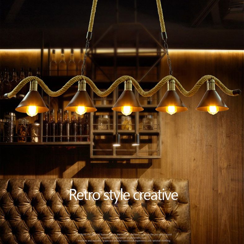 Hemp Rope Island Ceiling Light Vintage Style Restaurant Island Chandelier Light with Cone Metal Shade