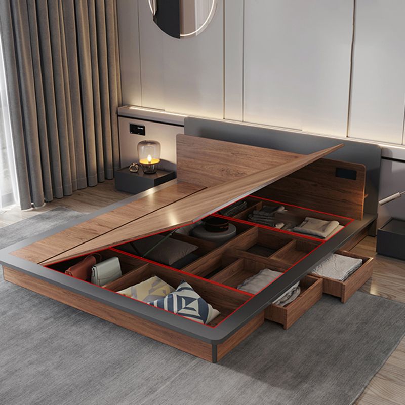Contemporary Standard Bed Wood Lift Up Storage Panel Bed with Headboard