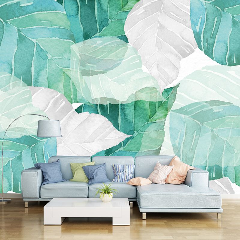 Modern Shattered Leaf Mural Wallpaper for Living Room Custom Wall Decor in Green-White