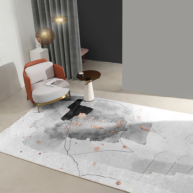 Simplicity Abstract Ink Printed Rug Gray Tone Polyester Area Carpet Easy Care Rug for Living Room