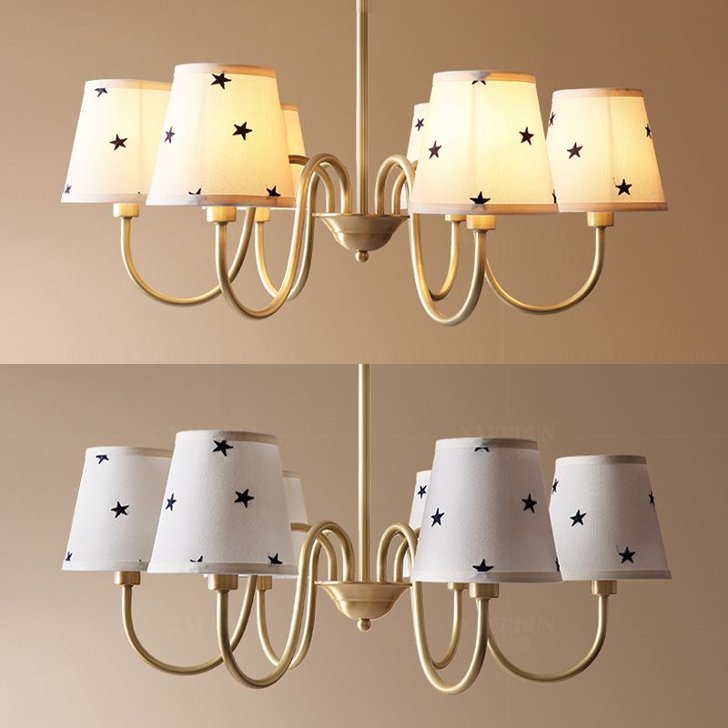 Traditional Style Chandelier Light Fabric Shade Brass Lighting Fixture for Living Room