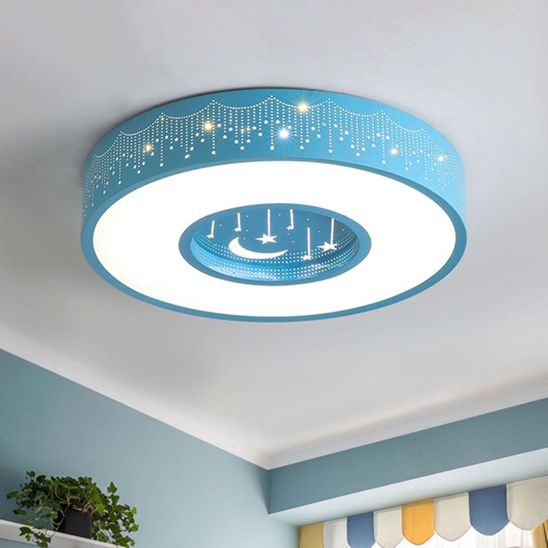 Metal Circular Flush Ceiling Light Kids LED Flush Mount Recessed Lighting with Moon and Star Pattern in Pink/Blue, 16"/19.5" W