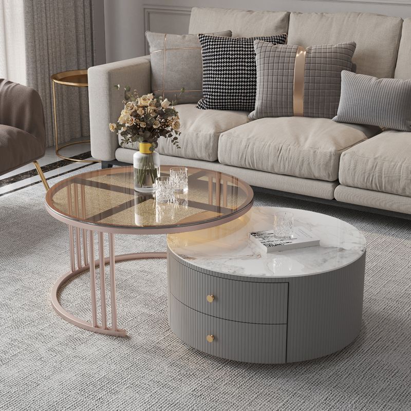 Modern Cocktail Table Round Glass / Slate Coffee Table with Storage