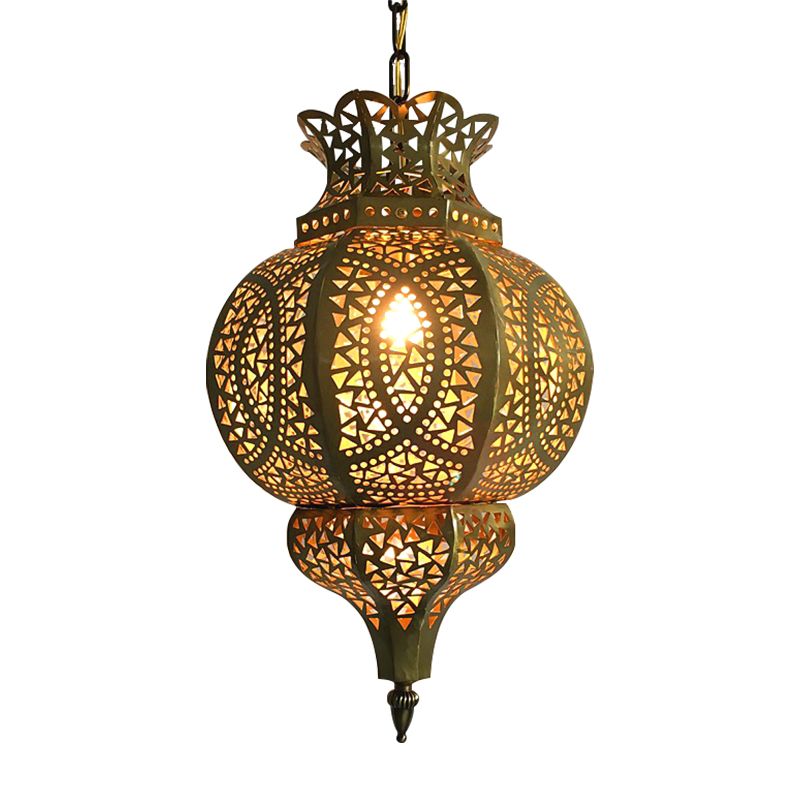 Brass 1-Bulb Hanging Lighting Vintage Metal Gourd Shade Ceiling Pendant Lamp with Hollow Out Design