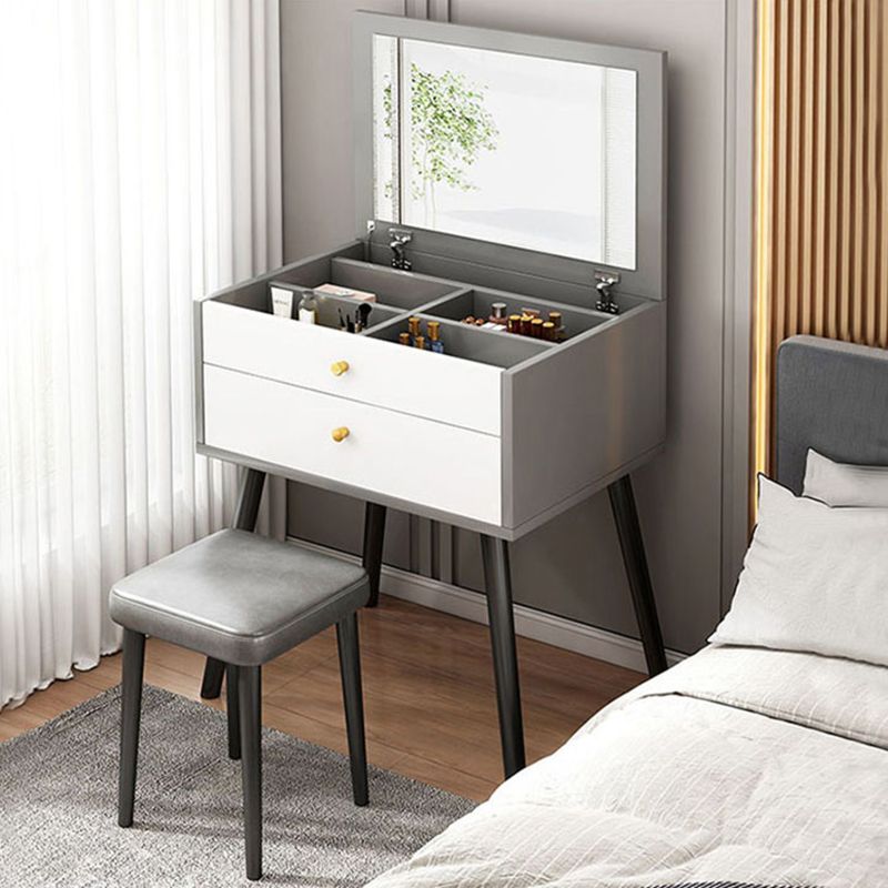 Contemporary Grey Make-up Vanity with Mirror and Wooden Top for Bedroom