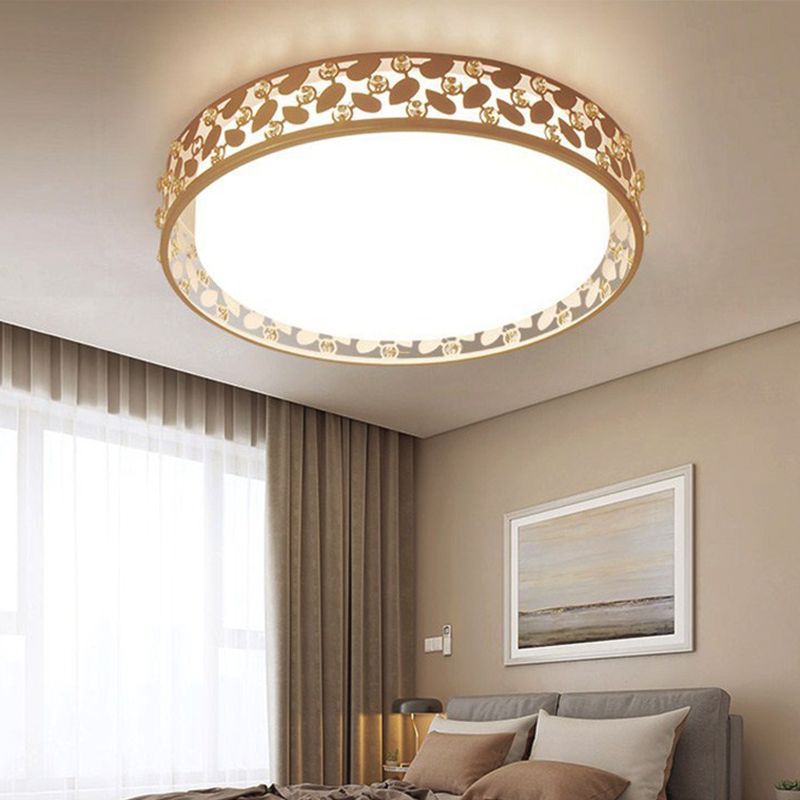 Cylindrical K9 Crystal Flush Mount Contemporary LED Gold Ceiling Lighting in Remote Control Stepless Dimming/3 Color Light for Bedroom