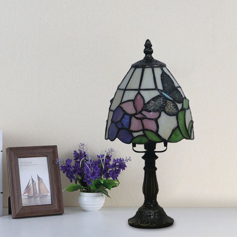 Beige/Pink Bowl Night Lamp Mediterranean 1 Bulb Hand Cut Glass Floral/Peacock Tail Patterned Table Lighting for Bedside