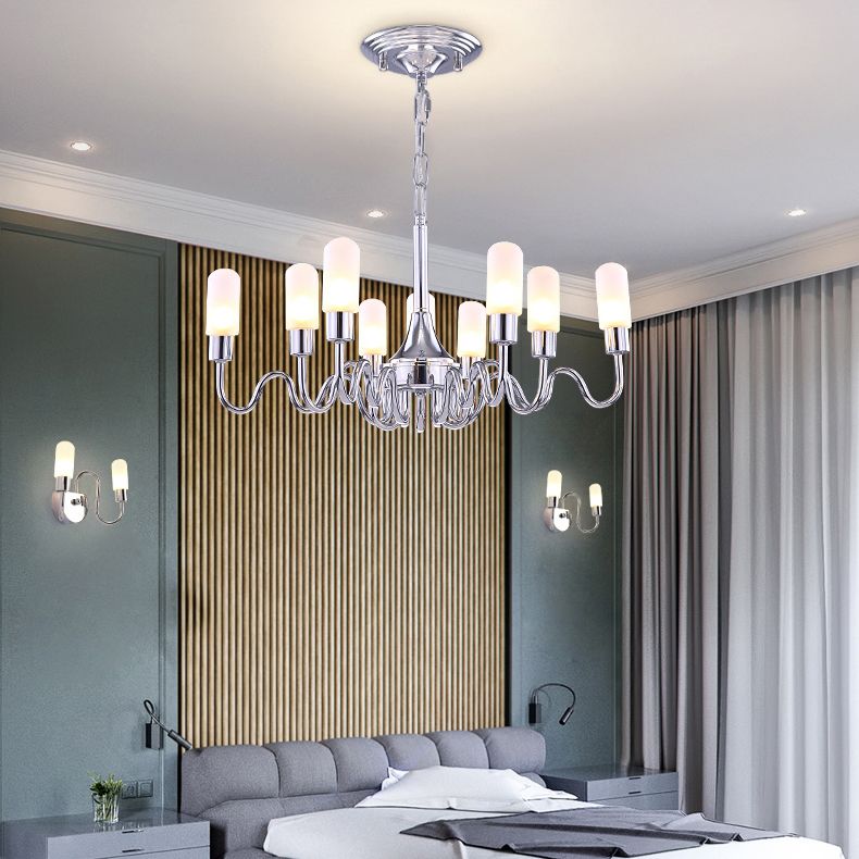 Silver Cylinder Chandelier Lighting Modern Multi Lights Milk Glass Led Hanging Ceiling Lamp with Curved Arm and Chain