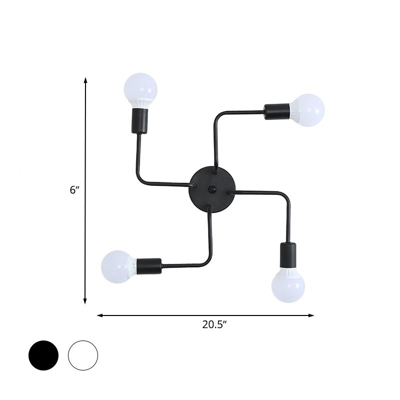 Loft Industrial Exposed Semi Flush Light Fixture 4/6-Head Metallic Ceiling Light Fixture in Black/White for Living Room