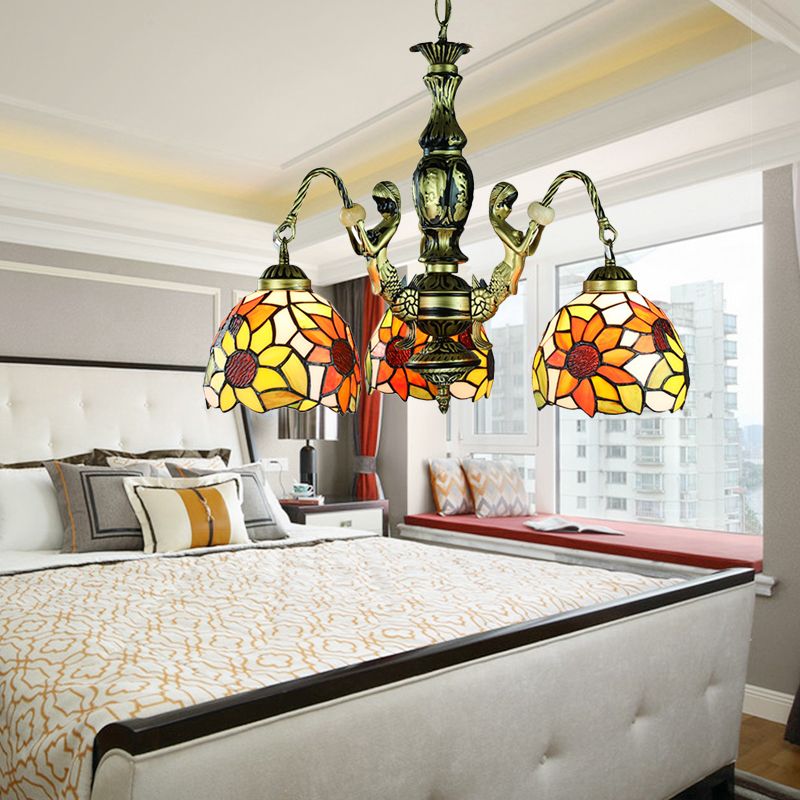 3 luci sala da pranzo lampada a soffitto arancione arancione arancione luce a sospensione con tonalità vetrata di girasole