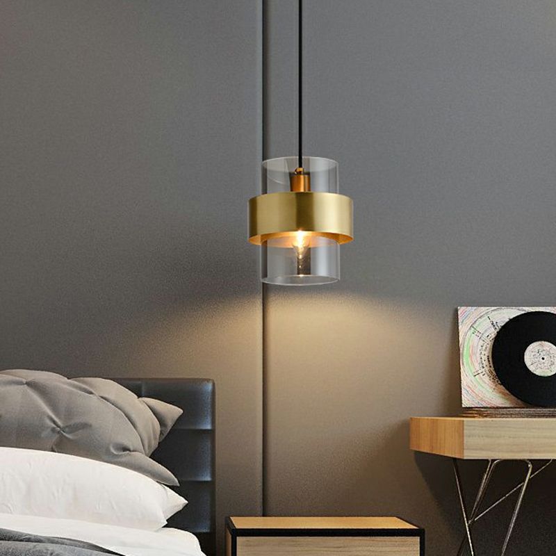 Cylinder Bedroom Down Lighting Smoke Grey Glass Single Postmodern Pendant Light in Brass