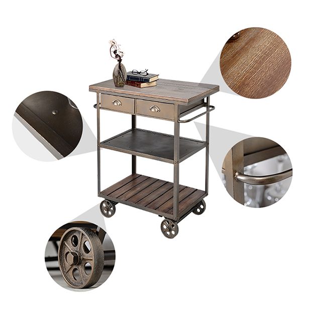 35.43" High Rolling Industrial Kitchen Trolley Wooden Kitchen Trolley for Dining Room
