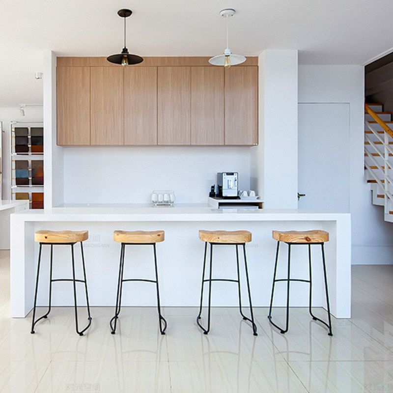 Modern Armless Backless Counter Stool Iron Bar Stool with Wooden Seat for Bar