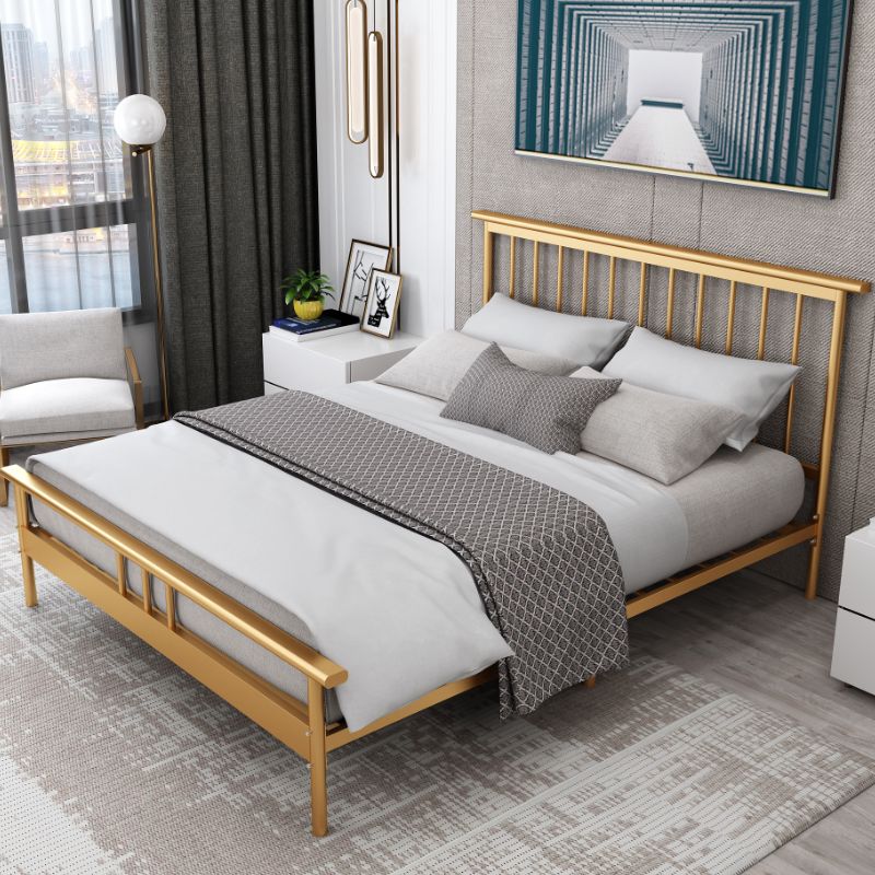 Glam Iron Slat Bed with Metal Legs and Rectangular Spindle Headboard