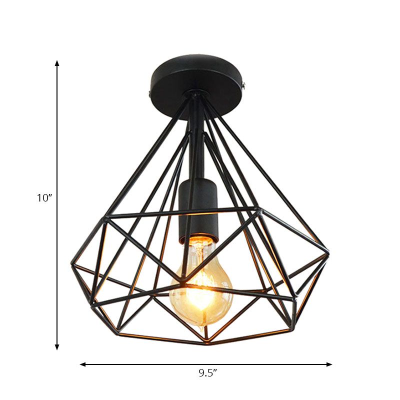 Plafonnier Semi-affleurant à 1 tête, style industriel, Cage en diamant, luminaire de plafond métallique, noir/blanc, pour chambre à coucher