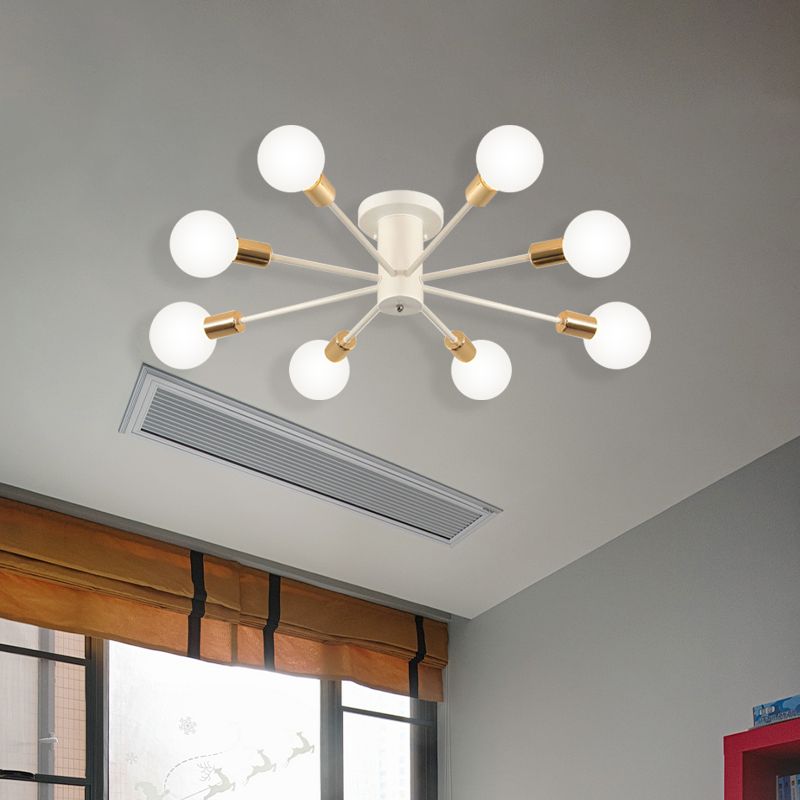 6/8 Heads Bare Bulb Semi Flush Mount Light Vintage Style Black/White Metallic Ceiling Light Fixture for Kitchen
