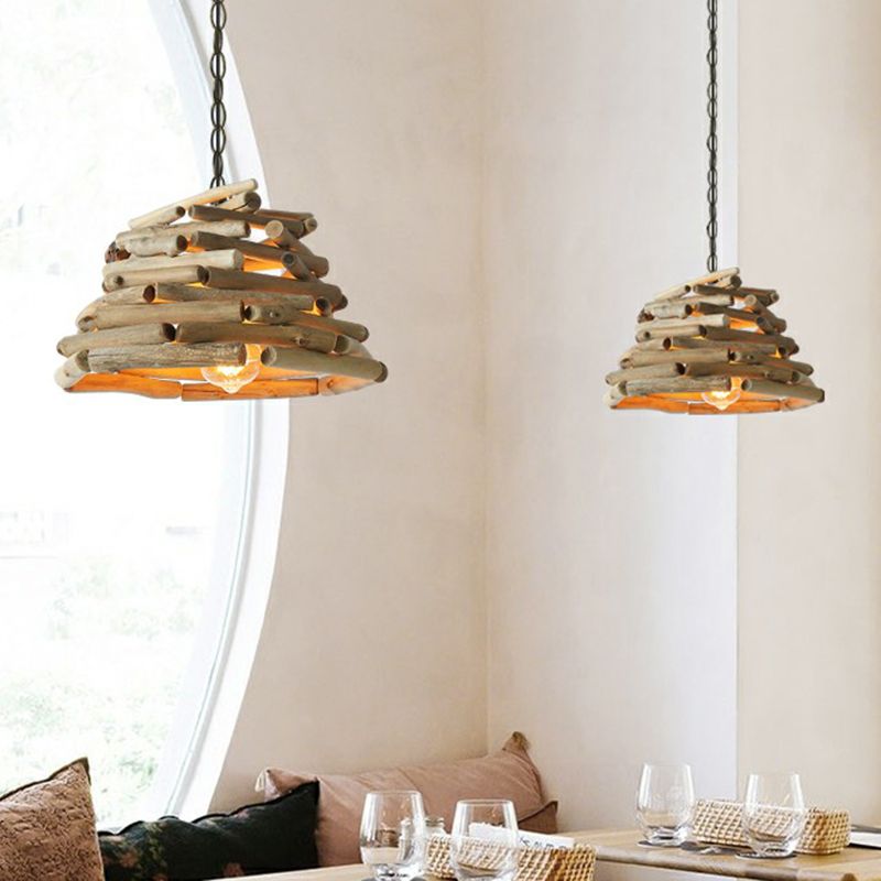 Stacked Sticks Suspension Lamp Lodge Wooden Single Dining Room Pendant Light Fixture