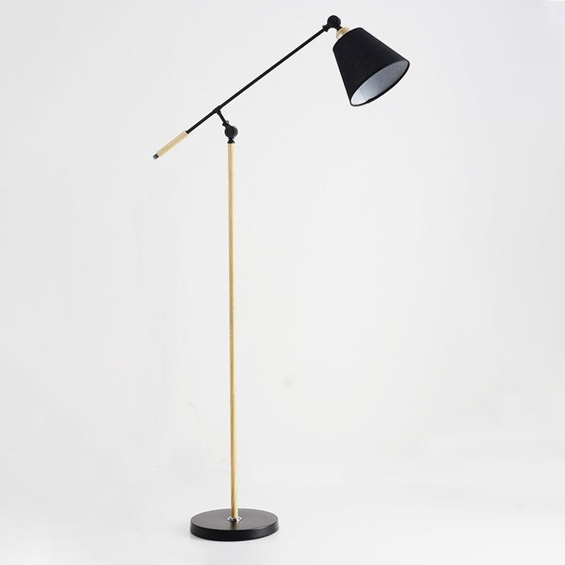 Tapered Floor Reading Lamp Nordic Fabric 1 Bulb Black/White and Wood Floor Light with Swing Arm