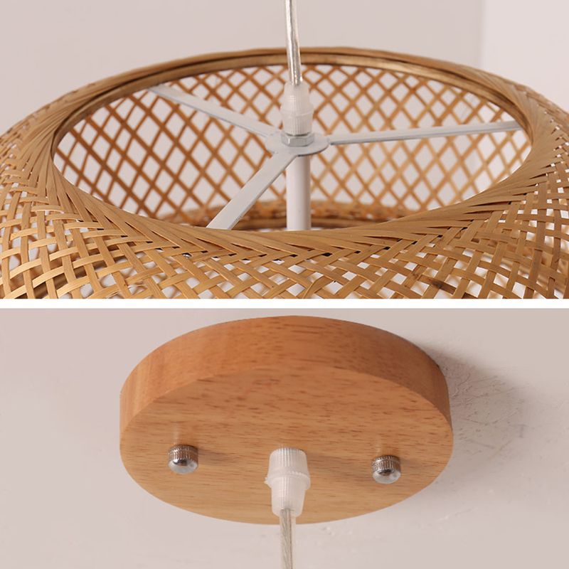 Natural Bamboo Weaving Lantern Hanging Light Asian Style Simplicity 1-Bulb Lighting Fixture in Beige