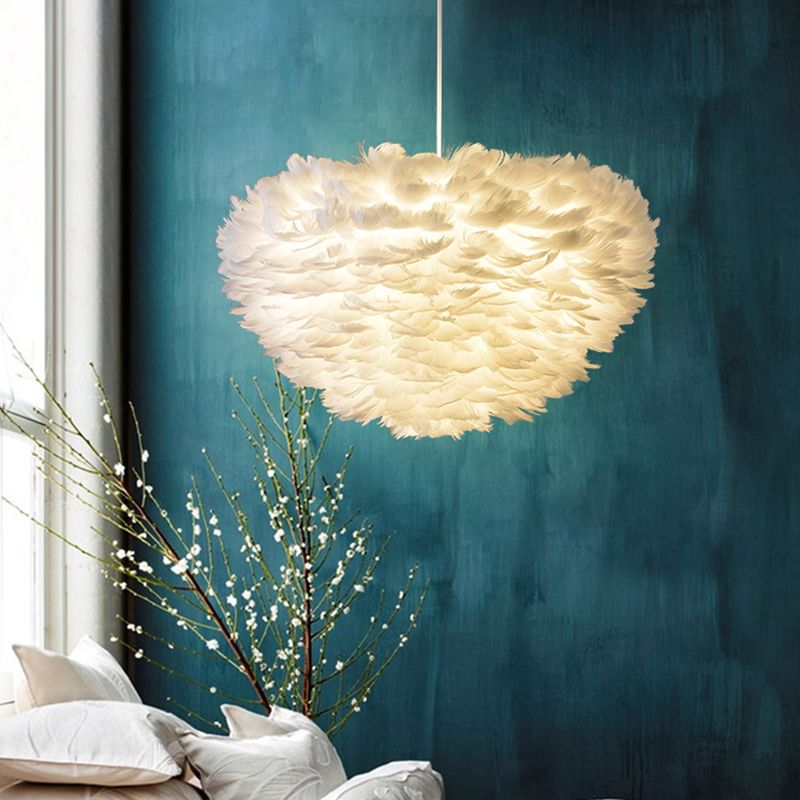 Feather Hemispherical Pendant Lamp Minimalism Feather White Suspension Light for Bedroom