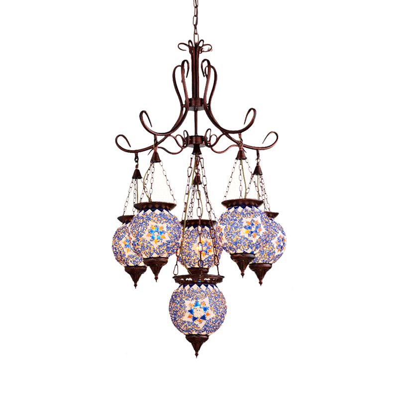 Hand Cut Glass Copper Chandelier Global 6-Light Turkish Pendant Ceiling Light for Dining Room