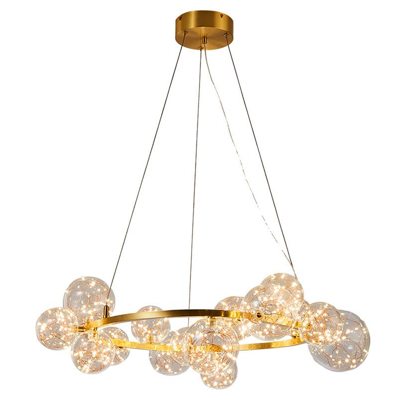 Orb Bedroom Hanging Chandelier Clear Glass Starry LED Modern Ceiling Suspension Lamp in Gold