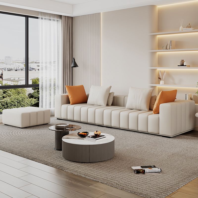 Genuine Leather Scandinavian Sofa Tuxedo Arm Sectional with Bolster Pillows