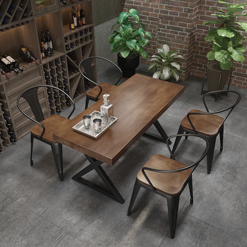 Industrial Style Rectangular Solid Wood Dining Table with Double Pedestal Iron Legs