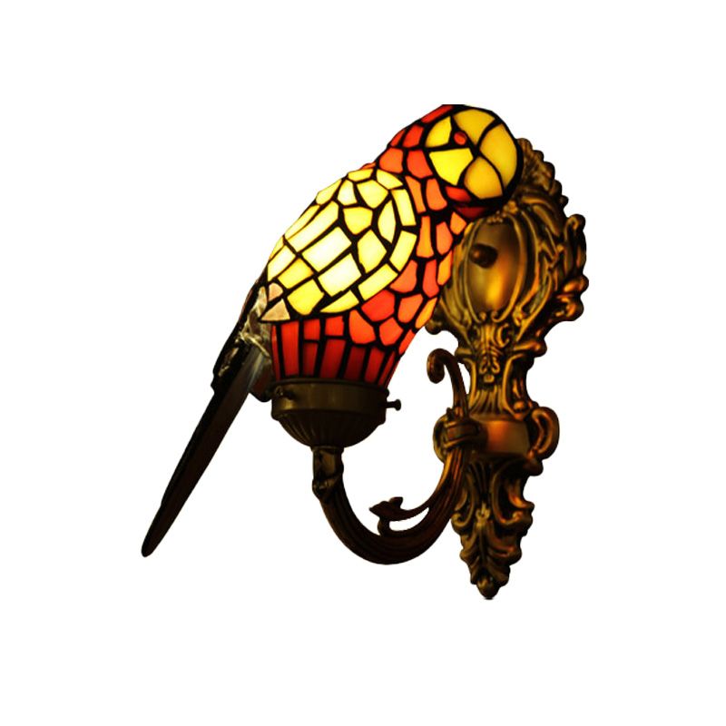 1 Light Wall Mounted Lighting Tiffany Parrot Shaped Stained Glass Sconce Light in Gold with Curvy Arm