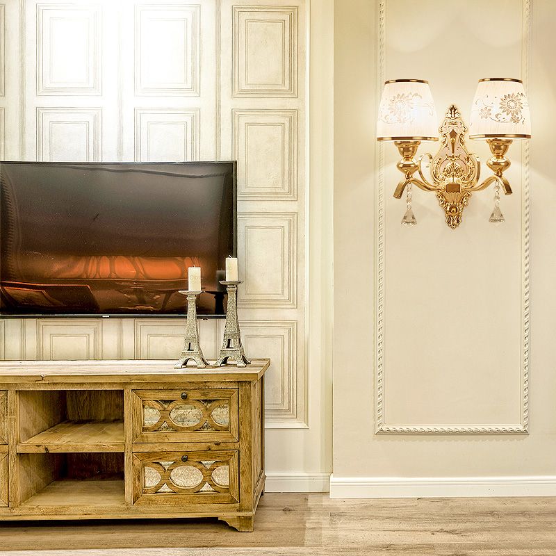 Patterned Glass Gold Wall Light Fixture Tapered Traditional Wall Sconce for Bedroom