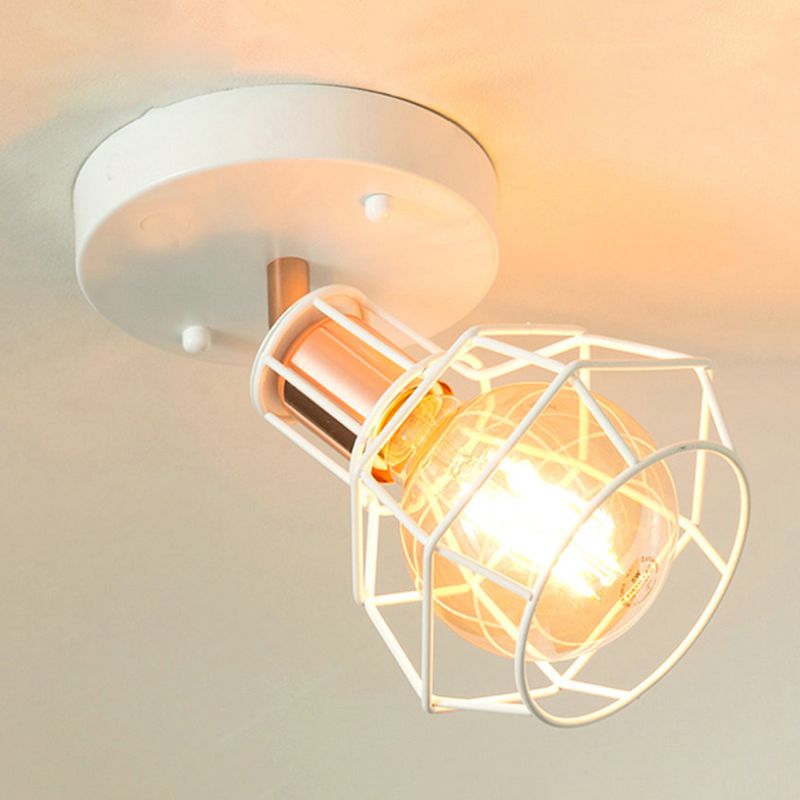Zwart/witte plafondlamp met draadkooi, industrieel metaal, 1 lamp, semi-inbouwlamp voor slaapkamer