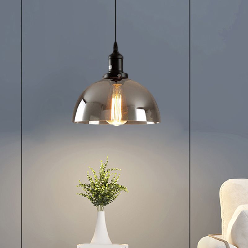 Dome Pendant Lighting Industrial 1 Light 10"/12" Wide Smoked Glass Hanging Lamp in Black