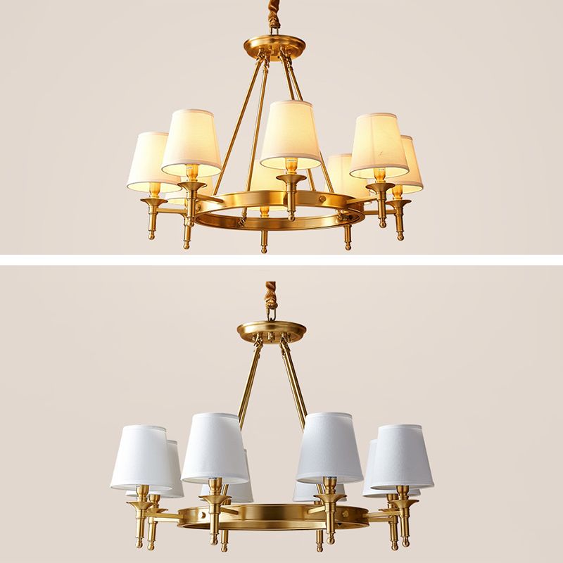 Post-Modern Circular Hanging Chandelier Light White Fabric Shade Ceiling Chandelier in Gold for Living Room