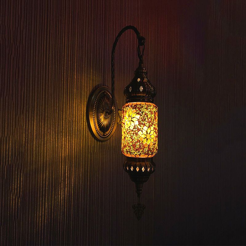 Buntglaszylinder Schachgang Licht marokkanische 1 Kopfschlafzimmer Wandhalterung in Lila/Gold/Rosenrot