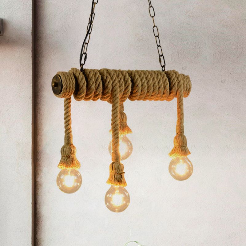 Open Bulb Dining Room Island Lamp Rope 4 Lights Industrial Style Hanging Island Light in Beige